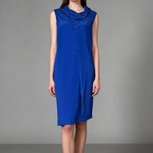 CRUBA Tuck Silk Dress Blue Sleeveless Cowl Neck, size 42 / US 10